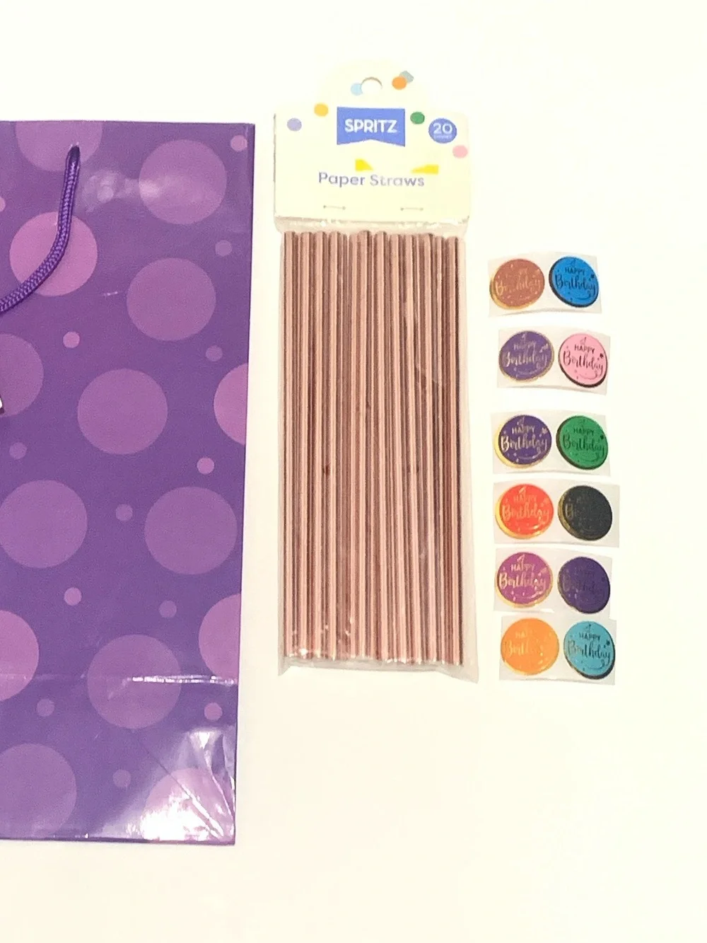 Purple Polka Dot Gift Bag with Rose Gold Party Straws and Birthday Stickers